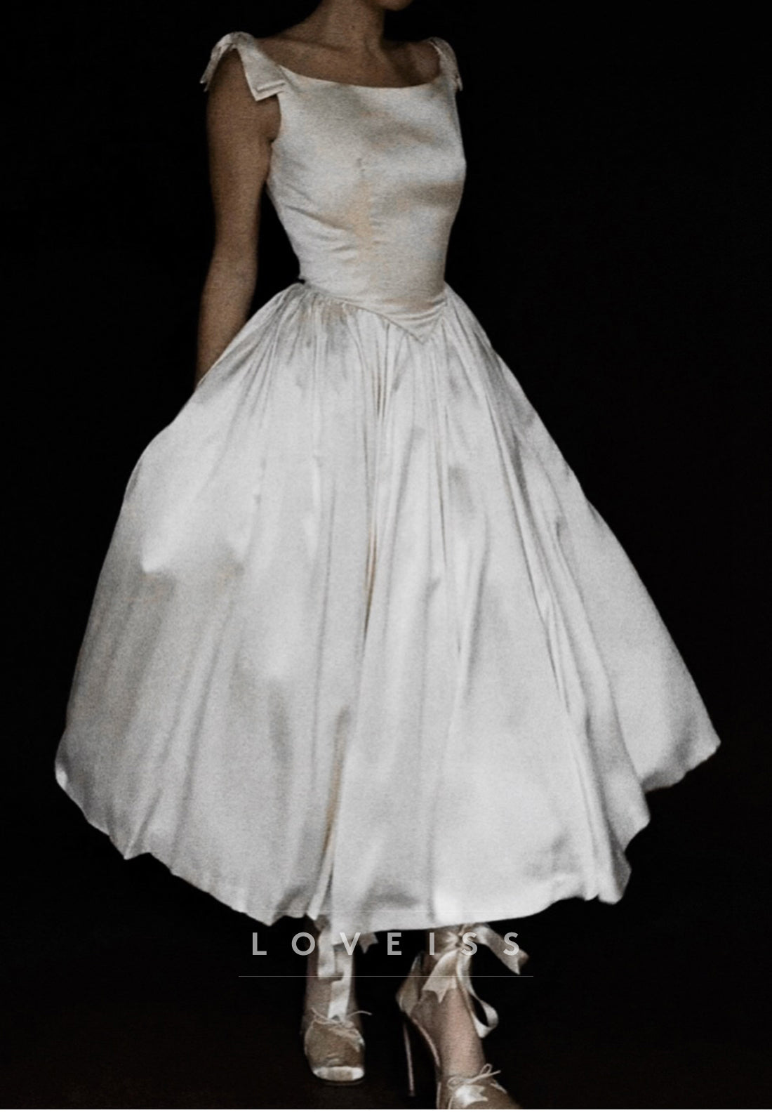 Tea-Length Satin Bow Shoulder Wedding Dress