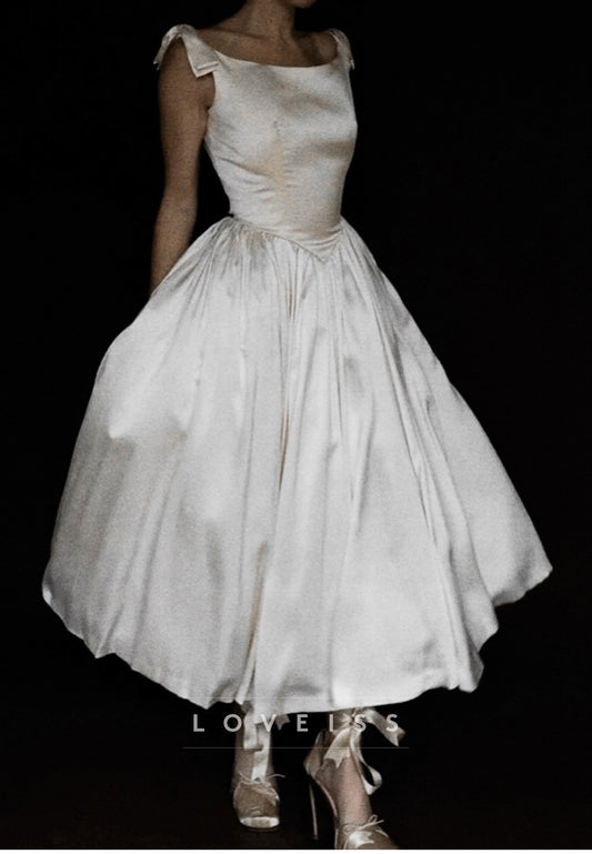 Tea-Length Satin Bow Shoulder Wedding Dress