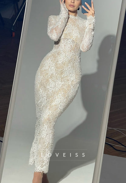 Beaded Lace High Neck Long Sleeve Maxi Dress