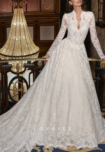 Long Sleeve Lace A-Line Wedding Dress with V-Neck
