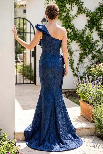 One-Shoulder Ruffle Brocade Gown with Front Slit