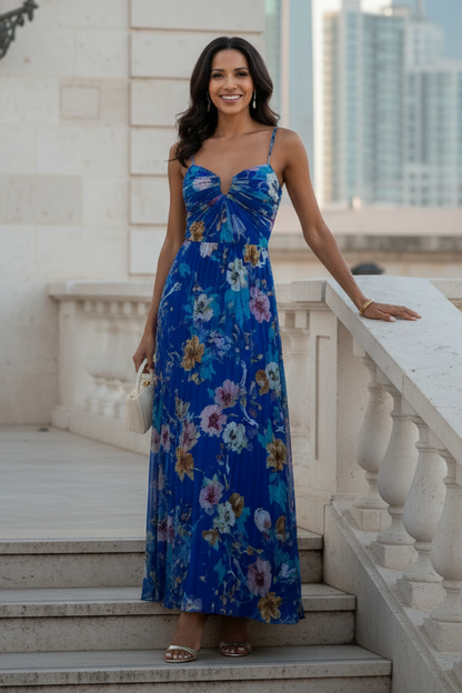 Pleated Floral Print Maxi Dress with Spaghetti Straps