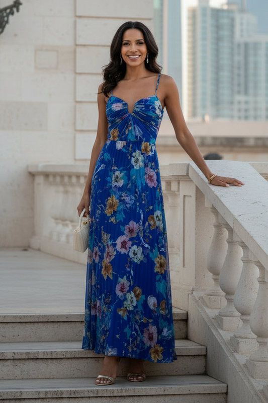 Pleated Floral Print Maxi Dress with Spaghetti Straps