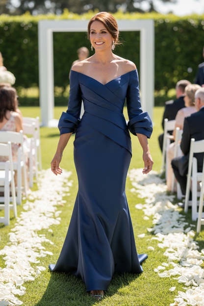 Off-the-Shoulder Pleated Satin Trumpet Gown