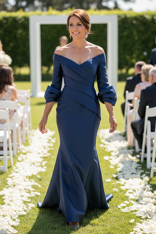 Off-the-Shoulder Pleated Satin Trumpet Gown