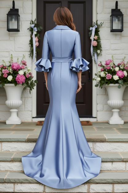 Satin Mermaid Gown with Ruffle Sleeves