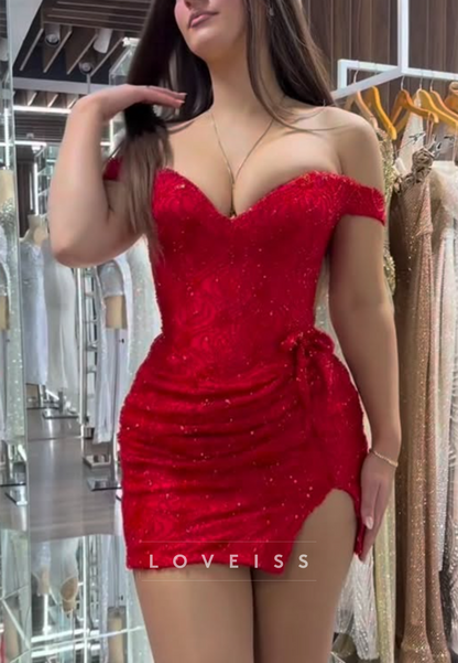 Off-the-Shoulder Ruched Mini Dress with Slit