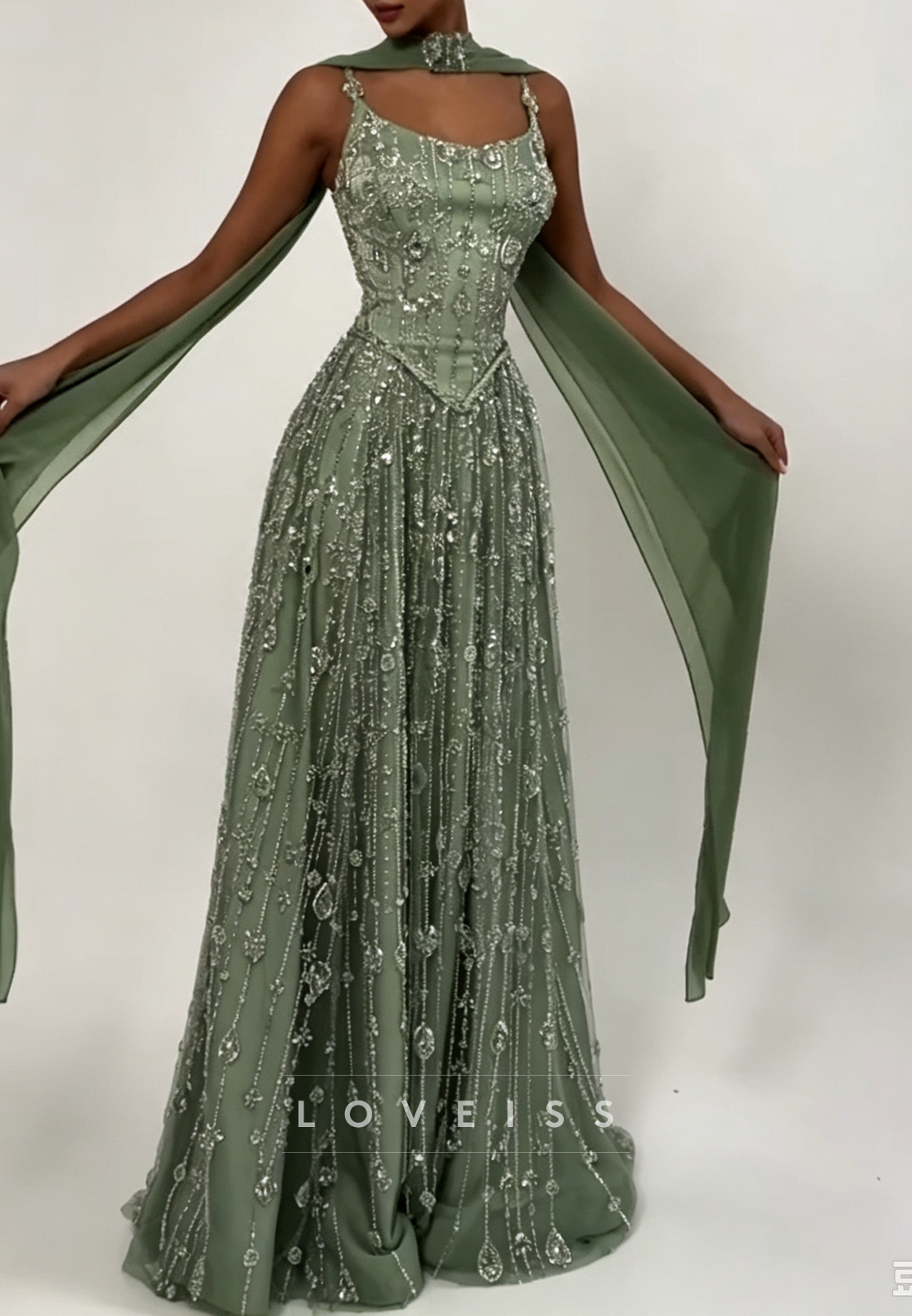 Beaded Corset Evening Gown with Cape