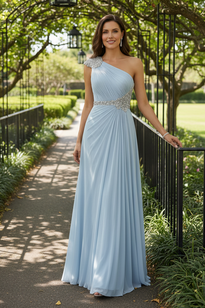One-Shoulder Beaded Pleated Chiffon Evening Gown