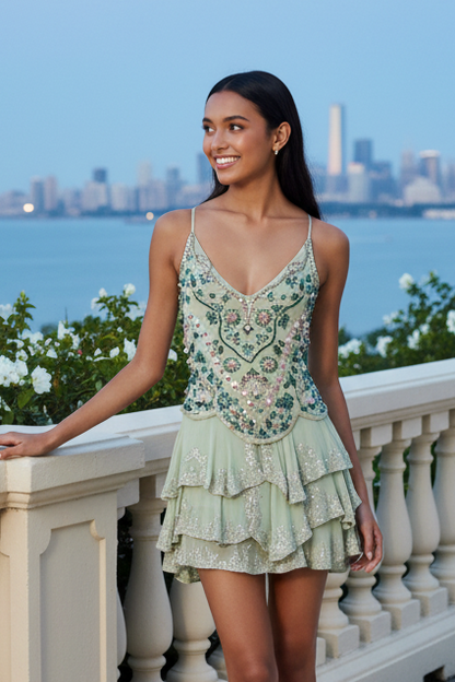 Beaded Mesh Tiered Ruffle Mini Dress with Crisscross Back