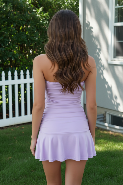 Strapless Ruched Mini Dress with Ruffle Hem