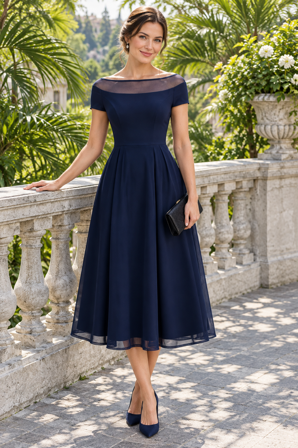 Illusion Neckline Pleated Midi Dress with Pockets