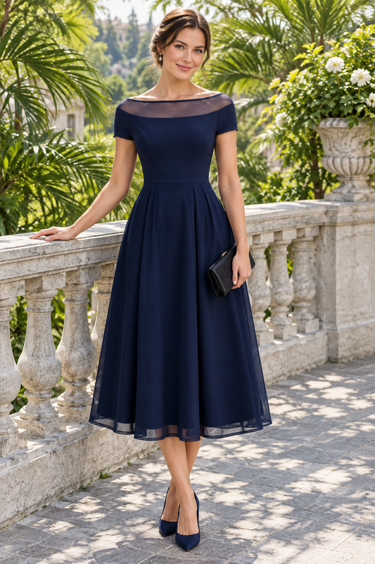 Illusion Neckline Pleated Midi Dress with Pockets