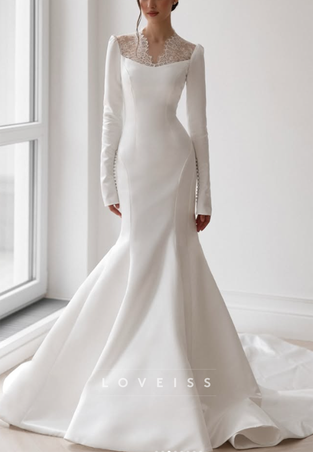 Lace Illusion Neckline Long Sleeve Mermaid Gown