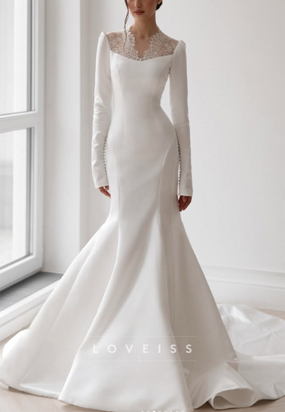 Lace Illusion Neckline Long Sleeve Mermaid Gown