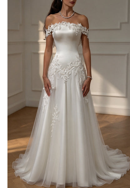 Off-the-Shoulder Lace Applique Wedding Gown