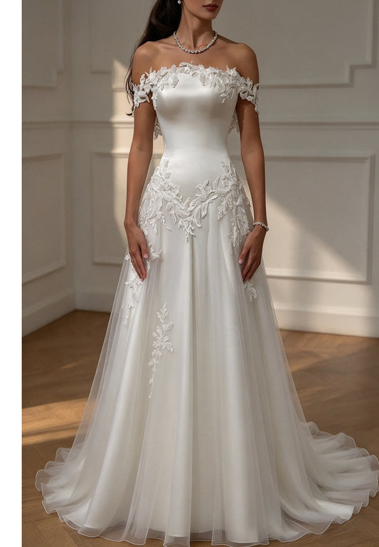 Off-the-Shoulder Lace Applique Wedding Gown