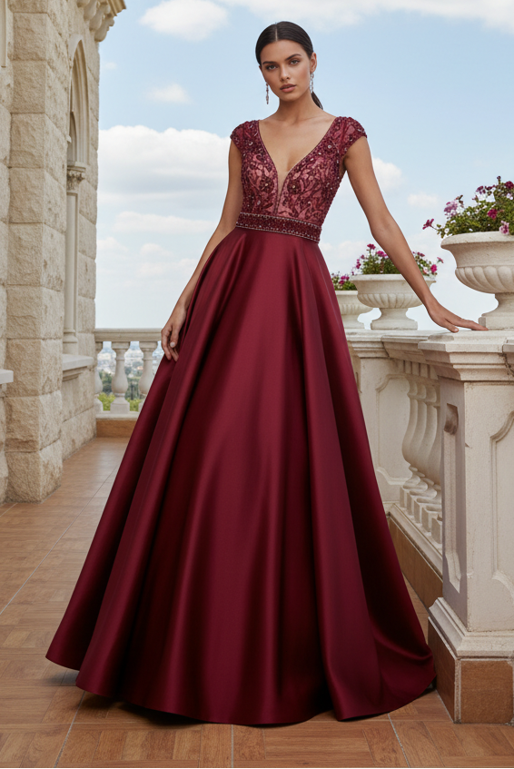 Beaded Cap Sleeve Satin A-Line Evening Gown