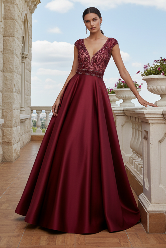 Beaded Cap Sleeve Satin A-Line Evening Gown