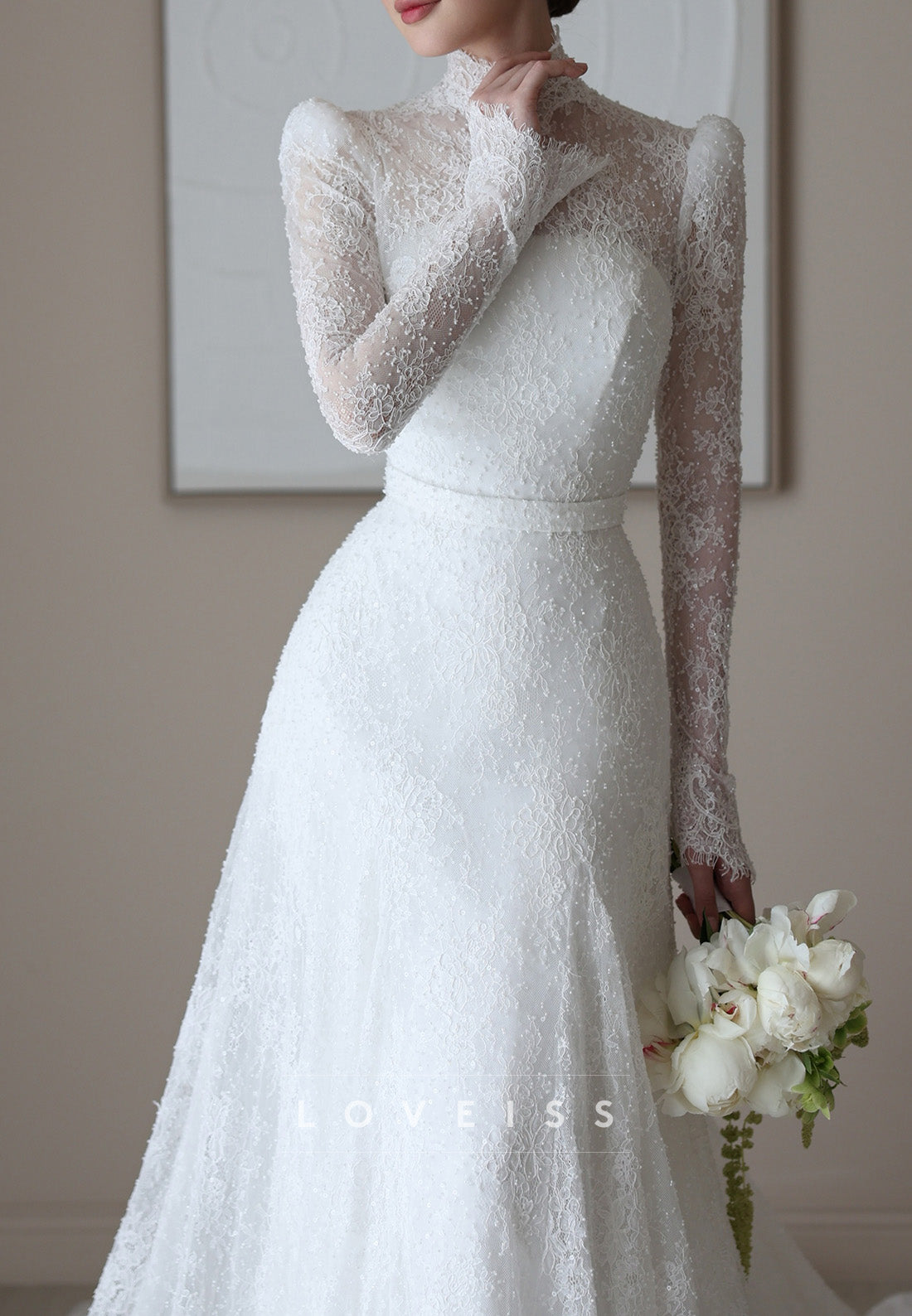 High Neck Lace Wedding Dress with Long Sleeves