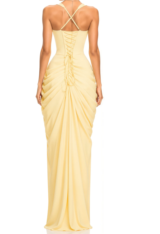 Corset Maxi Gown with Draped Skirt and Slit