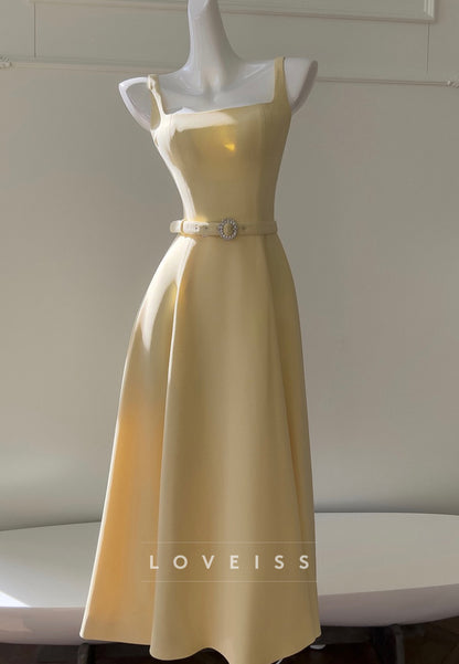 Square Neck Belted A-Line Midi Dress