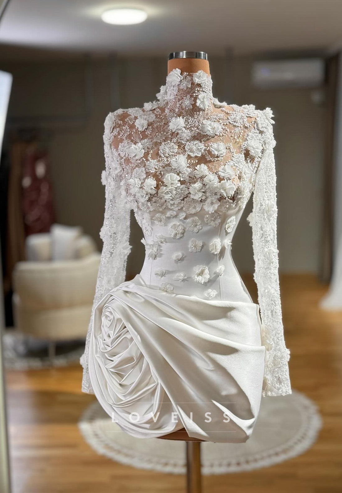 3D Floral High Neck Mini Dress with Draped Rosette