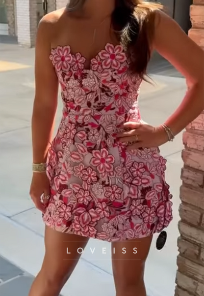Strapless Floral Embroidered Mini Cocktail Dress