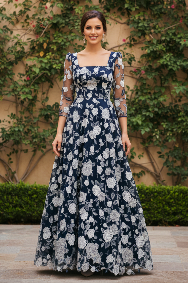 Floral Embroidered Square Neck 3/4 Sleeve Maxi Dress