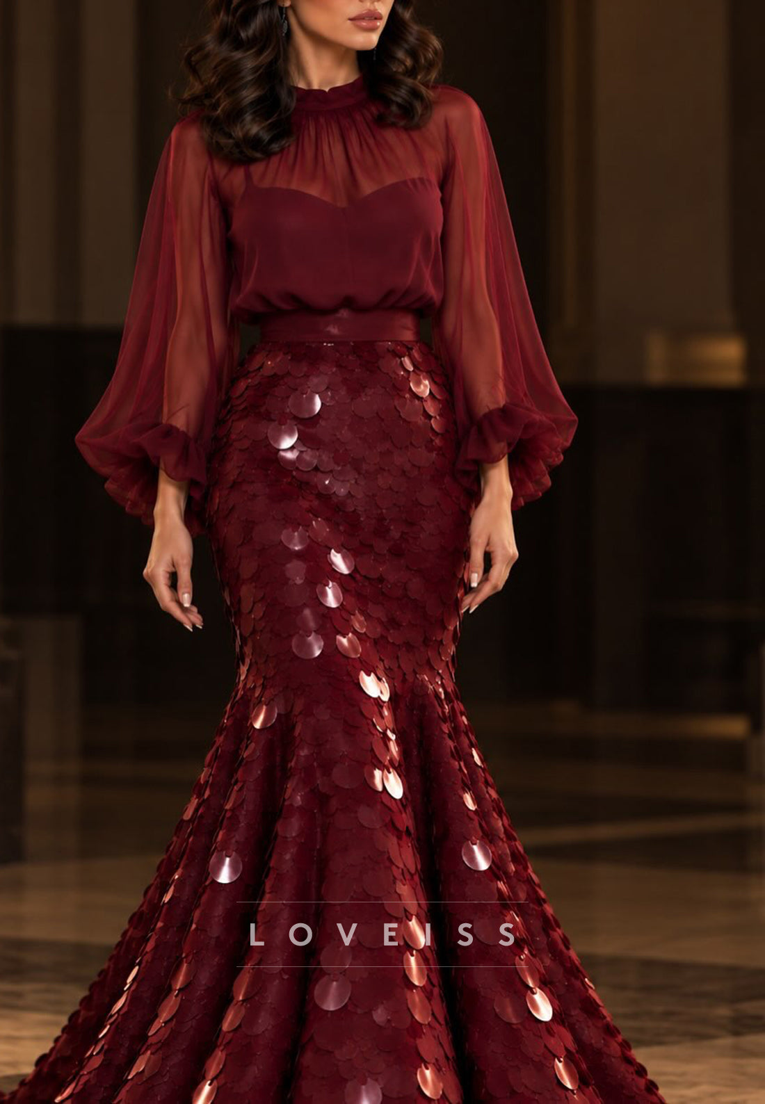 High Neck Sheer Sleeve Disc Sequin Mermaid Gown