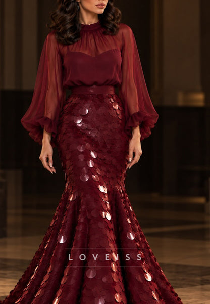 High Neck Sheer Sleeve Disc Sequin Mermaid Gown