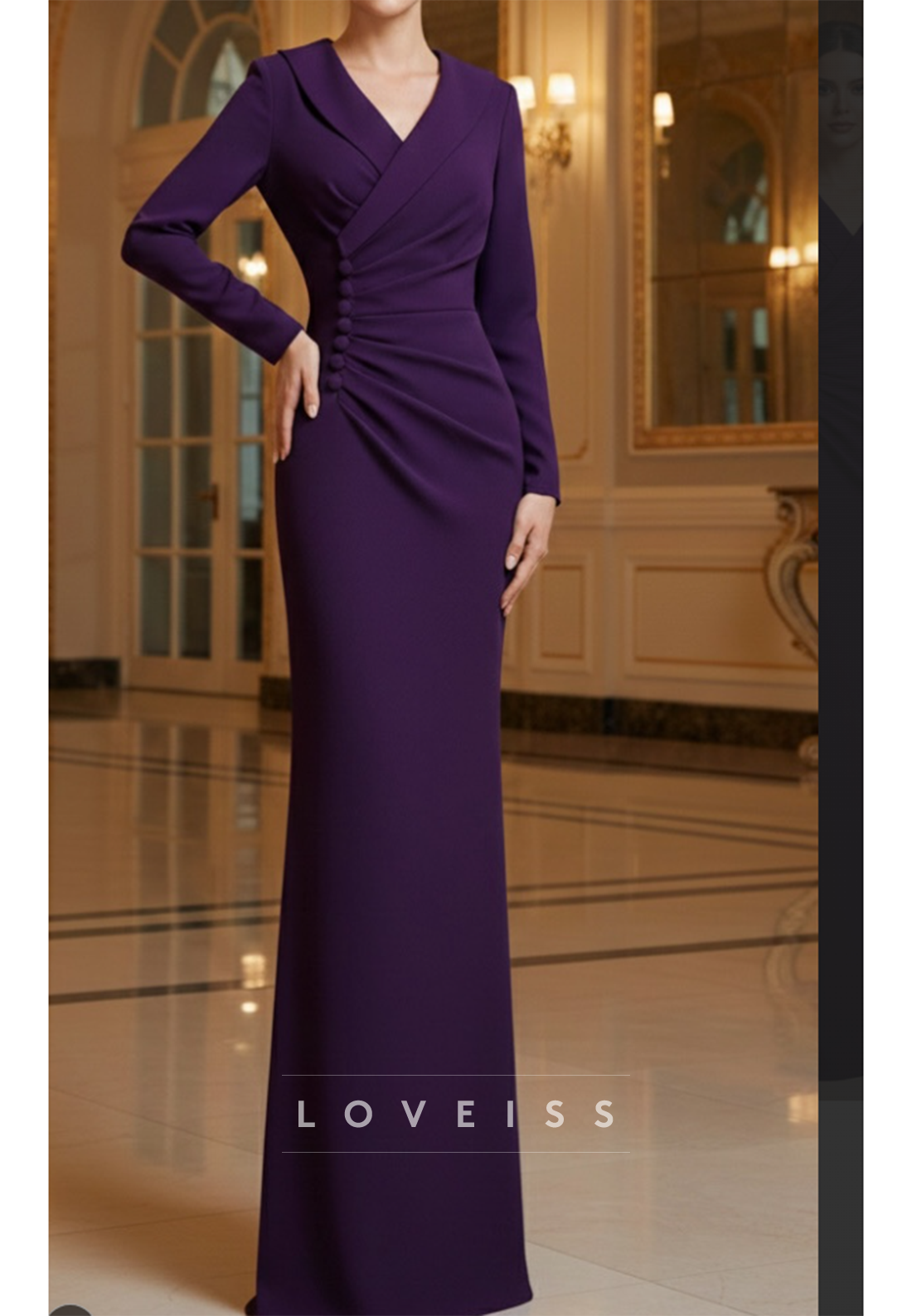 Long-Sleeve Ruched Lapel Sheath Evening Dress