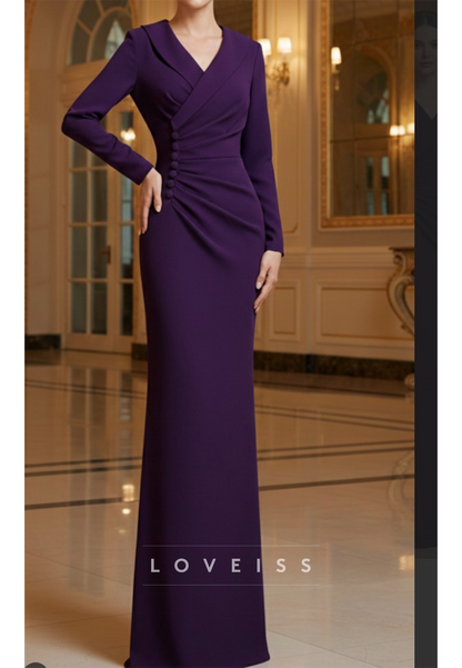 Long-Sleeve Ruched Lapel Sheath Evening Dress