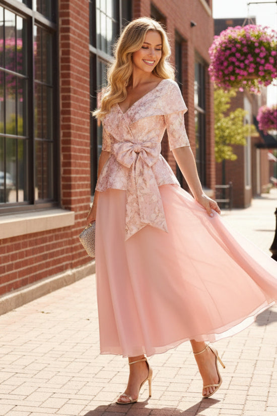 Jacquard Peplum A-Line Tea-Length Dress