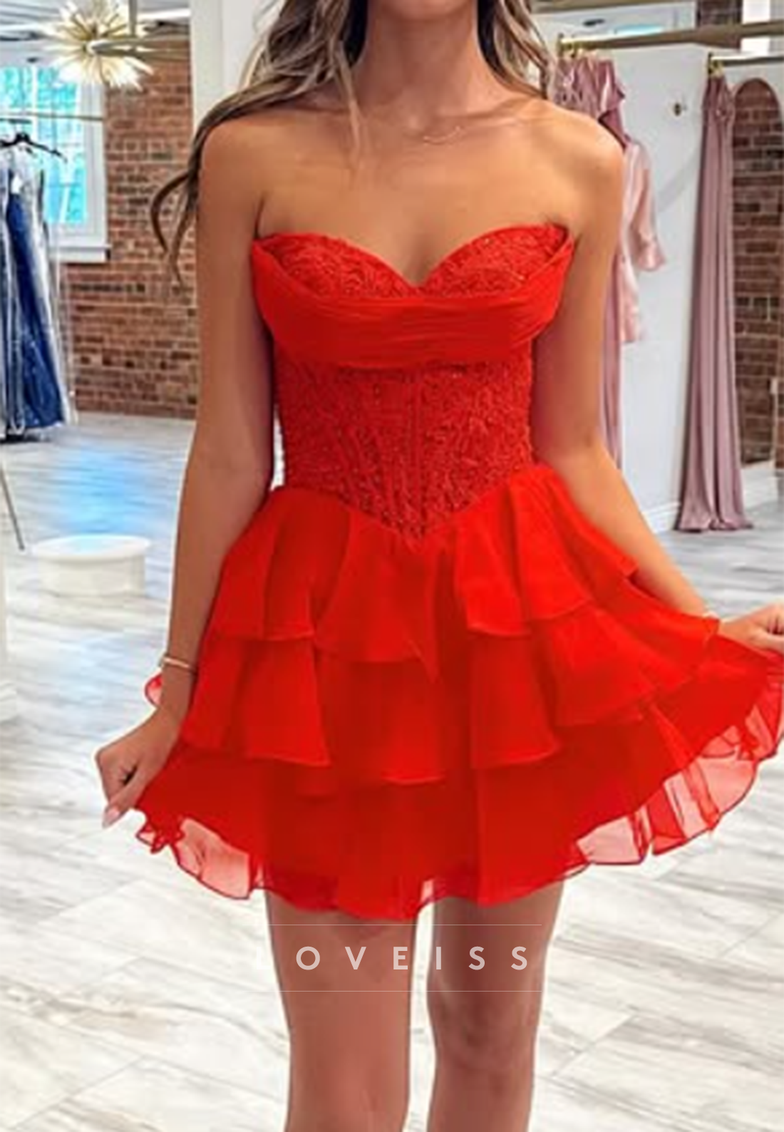 Strapless Sweetheart Corset Lace Tiered Mini Dress