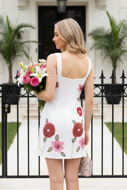 Embroidered Floral Mini Dress with Square Neckline