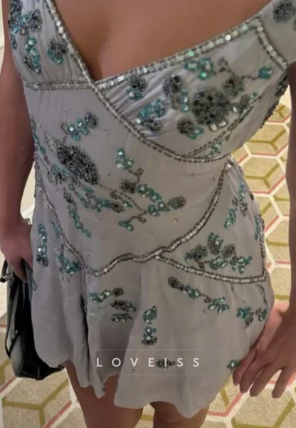Beaded V-Neck Cap Sleeve Fit and Flare Mini Dress
