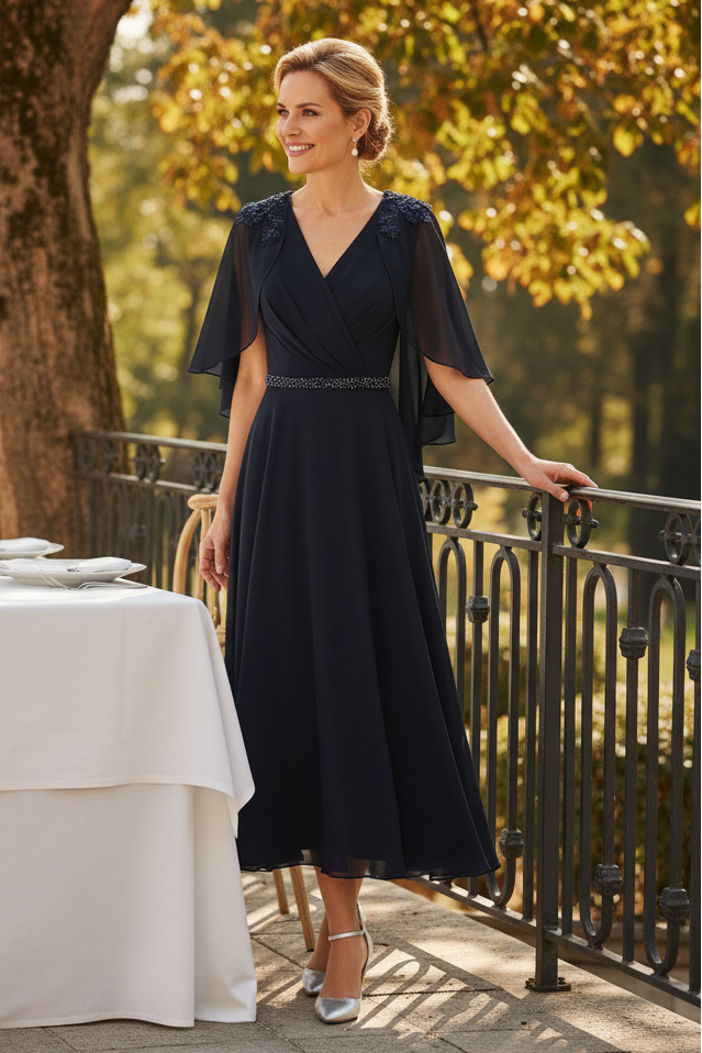 Elegant A-Line Midi Dress with Chiffon Cape