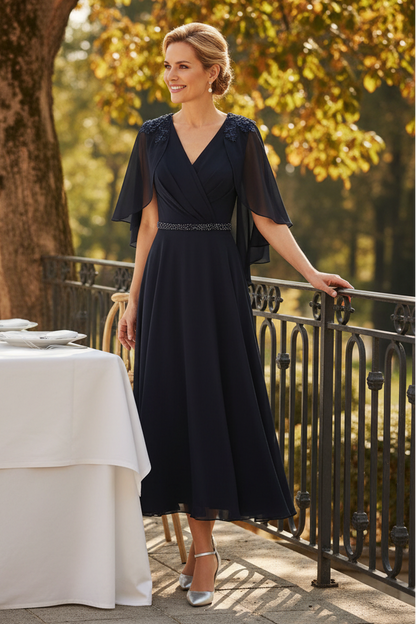 Elegant A-Line Midi Dress with Chiffon Cape