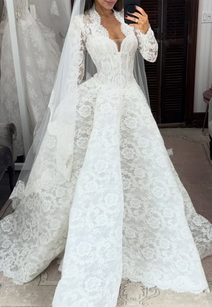 Lace Ball Gown Wedding Dress with Long Sleeves