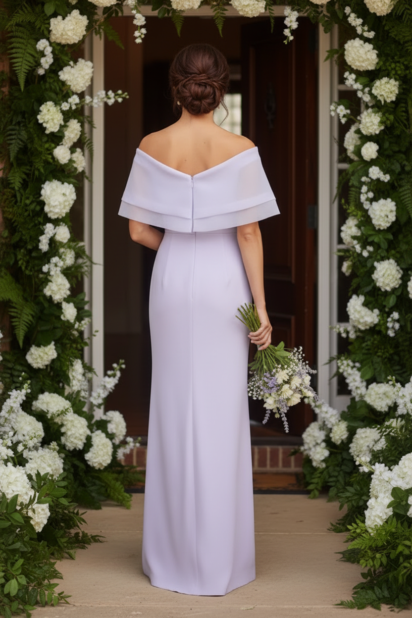 Off-the-Shoulder Crepe Column Gown with Chiffon Wrap