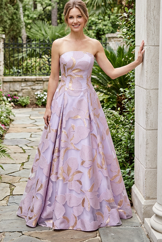 Strapless Metallic Floral Brocade Ball Gown