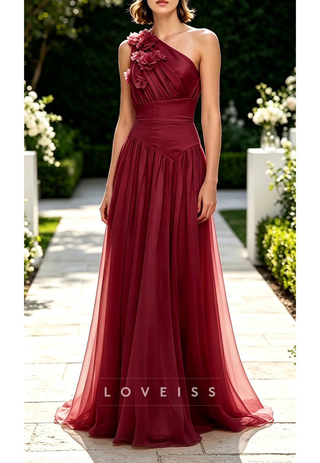 One-Shoulder Floral Applique A-Line Maxi Dress
