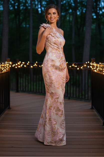 One-Shoulder 3D Floral Jacquard Maxi Dress
