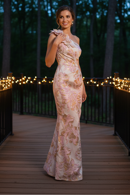 One-Shoulder 3D Floral Jacquard Maxi Dress
