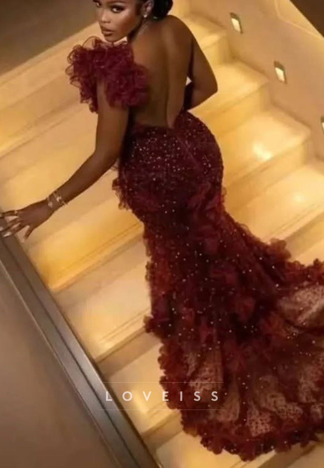Beaded Mermaid Evening Dress with Ruffled Train