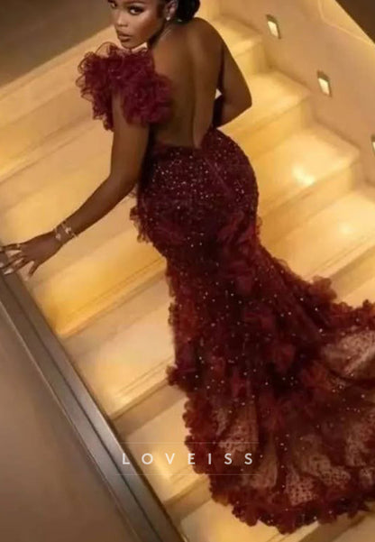 Beaded Mermaid Evening Dress with Ruffled Train