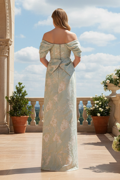 Off-the-Shoulder Jacquard Column Gown with Side Bow