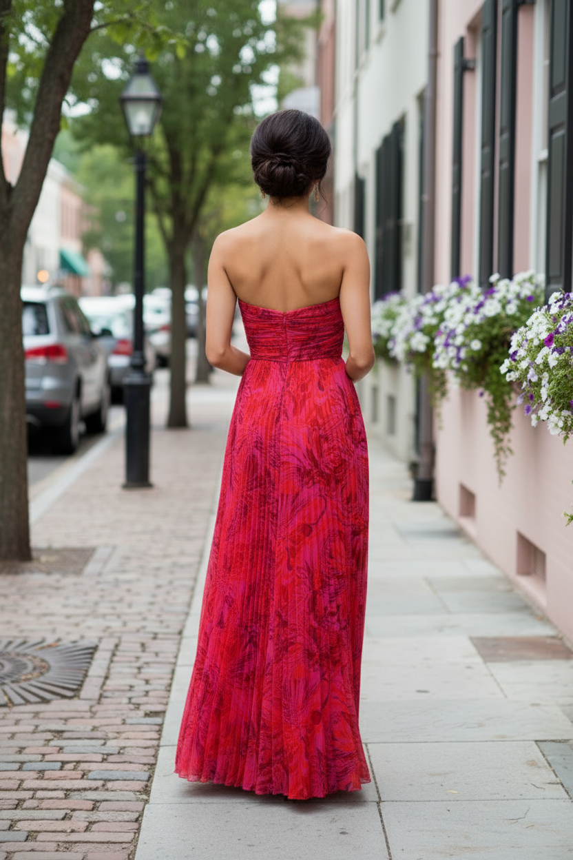Strapless Pleated Floral Maxi Dress