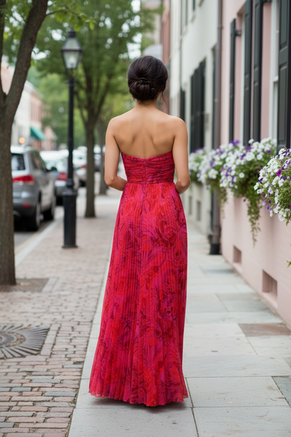 Strapless Pleated Floral Maxi Dress